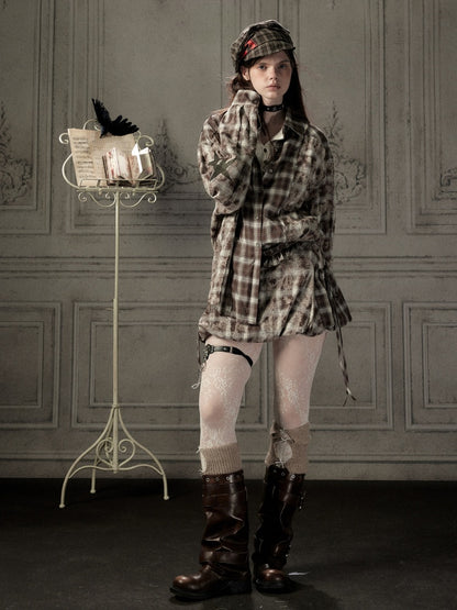 Brown-Colored Plaid Ruffled Tie High-Waisted Short Skirt【s0000019041】