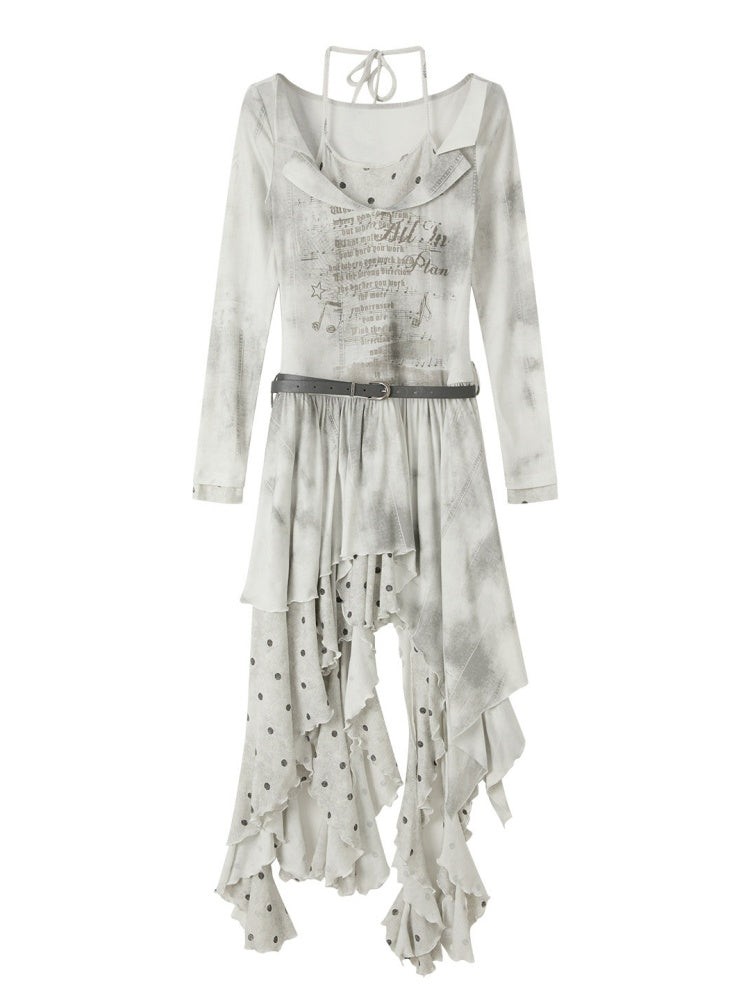Fake Two-Piece Halter Polka Dot Print Midi Dress【s0000019042】