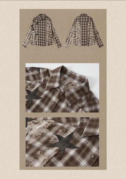 Brown Plaid Patchwork Mid-Length Shirt【s0000019043】