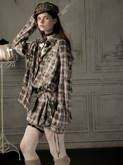 Brown Plaid Patchwork Mid-Length Shirt【s0000019043】