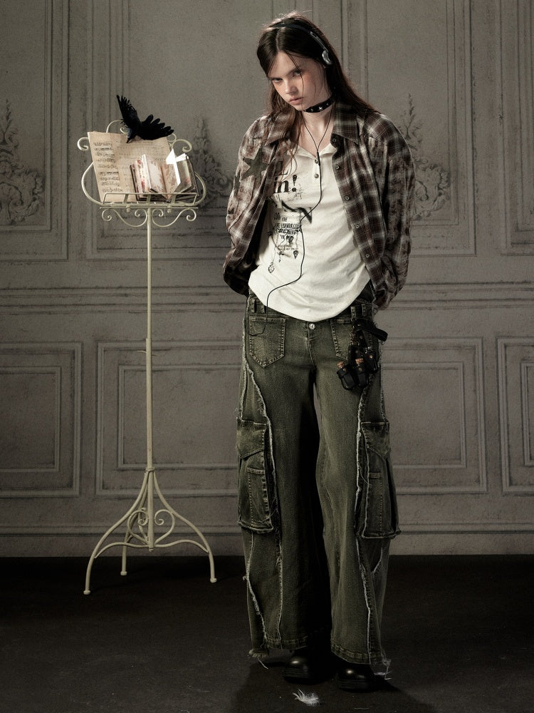Brown Plaid Patchwork Mid-Length Shirt【s0000019043】
