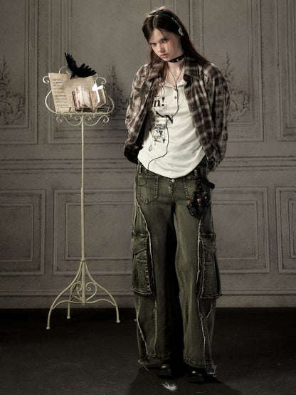 Brown Plaid Patchwork Mid-Length Shirt【s0000019043】