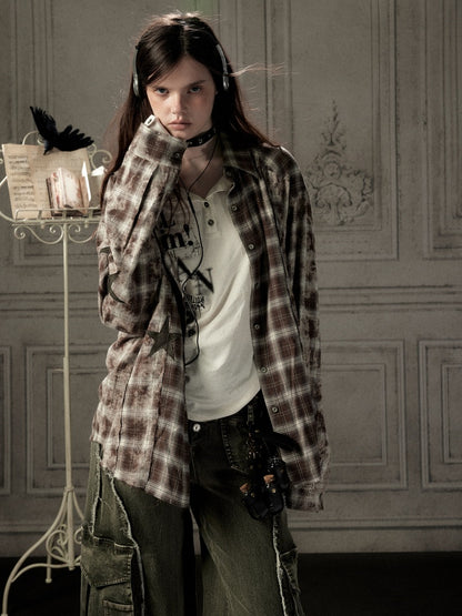 Brown Plaid Patchwork Mid-Length Shirt【s0000019043】