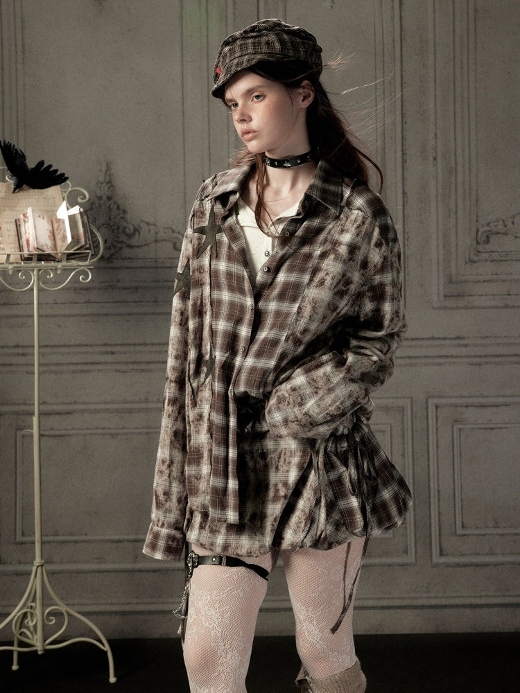 Brown Plaid Patchwork Mid-Length Shirt【s0000019043】
