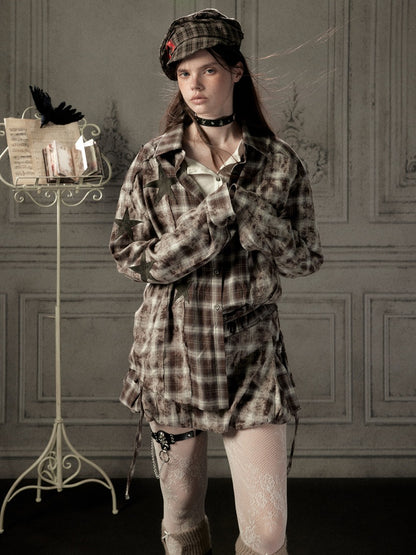Brown Plaid Patchwork Mid-Length Shirt【s0000019043】