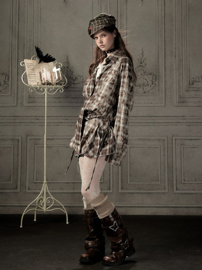 Brown Plaid Patchwork Mid-Length Shirt【s0000019043】