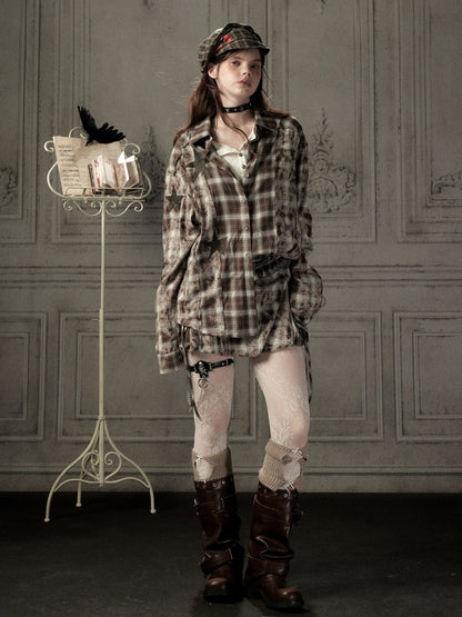 Brown Plaid Patchwork Mid-Length Shirt【s0000019043】