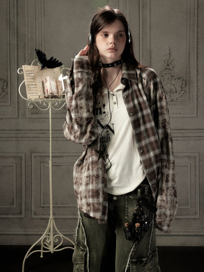 Brown Plaid Patchwork Mid-Length Shirt【s0000019043】
