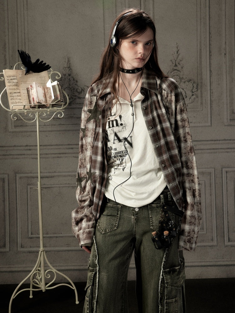 Brown Plaid Patchwork Mid-Length Shirt【s0000019043】