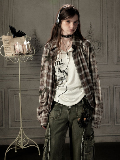 Brown Plaid Patchwork Mid-Length Shirt【s0000019043】