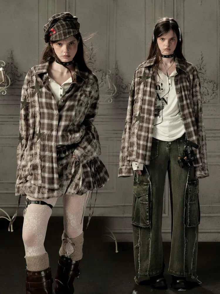 Brown Plaid Patchwork Mid-Length Shirt【s0000019043】