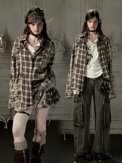 Brown Plaid Patchwork Mid-Length Shirt【s0000019043】