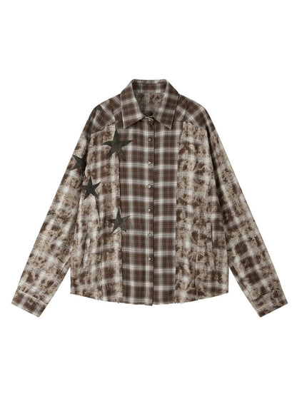 Brown Plaid Patchwork Mid-Length Shirt【s0000019043】