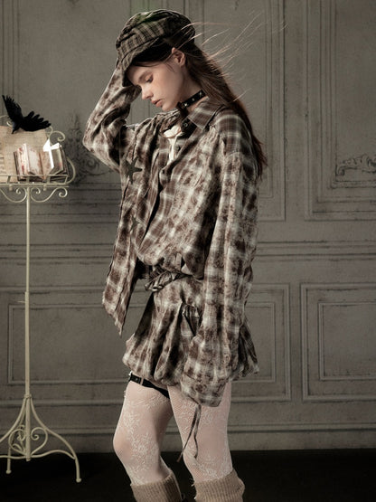 Brown Plaid Patchwork Mid-Length Shirt【s0000019043】