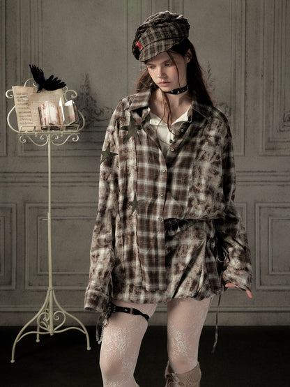 Brown Plaid Patchwork Mid-Length Shirt【s0000019043】