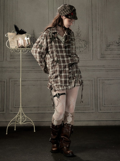 Brown Plaid Patchwork Mid-Length Shirt【s0000019043】