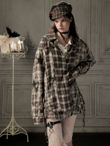 Brown Plaid Patchwork Mid-Length Shirt【s0000019043】