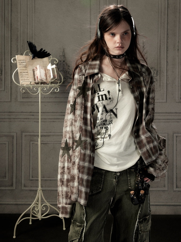 Brown Plaid Patchwork Mid-Length Shirt【s0000019043】