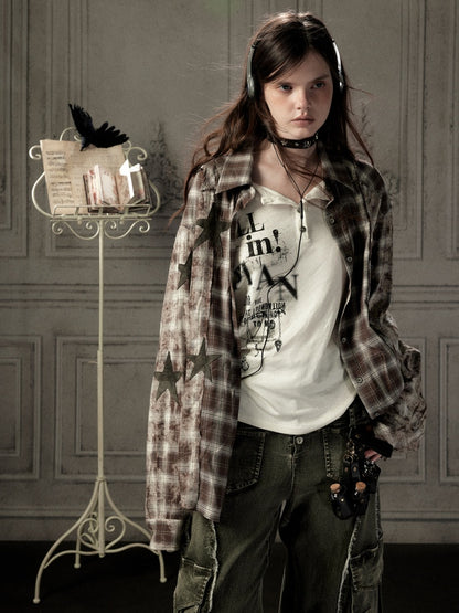 Brown Plaid Patchwork Mid-Length Shirt【s0000019043】