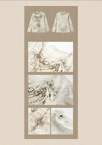 Fake Two Off-Shoulder Tied Letter Print Long Sleeve T-Shirts【s0000019044】
