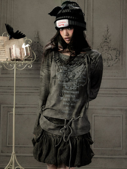 Fake Two Off-Shoulder Tied Letter Print Long Sleeve T-Shirts【s0000019044】
