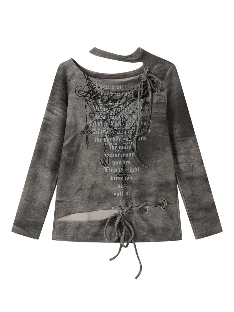 Fake Two Off-Shoulder Tied Letter Print Long Sleeve T-Shirts【s0000019044】