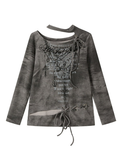 Fake Two Off-Shoulder Tied Letter Print Long Sleeve T-Shirts【s0000019044】