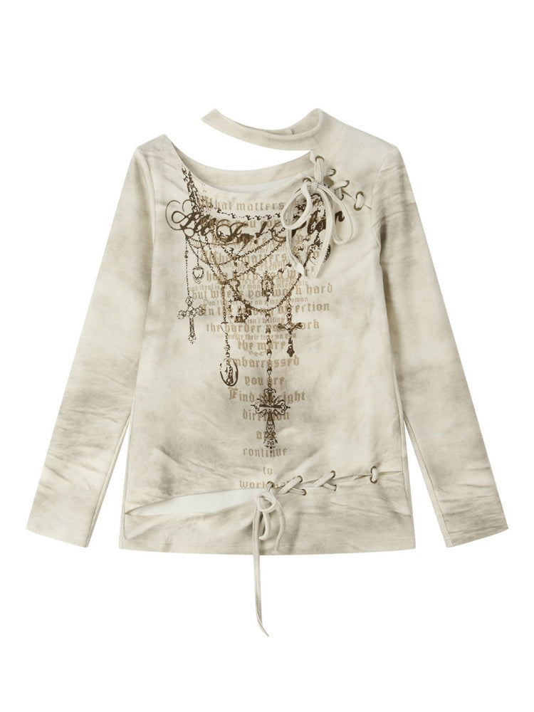 Fake Two Off-Shoulder Tied Letter Print Long Sleeve T-Shirts【s0000019044】
