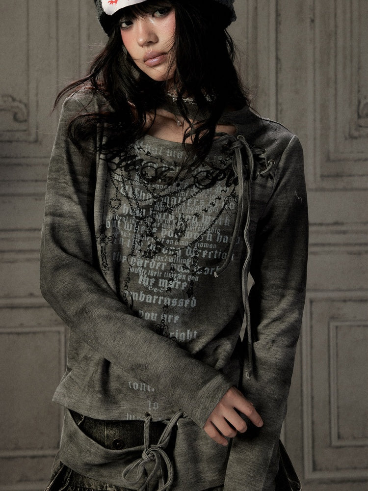 Fake Two Off-Shoulder Tied Letter Print Long Sleeve T-Shirts【s0000019044】