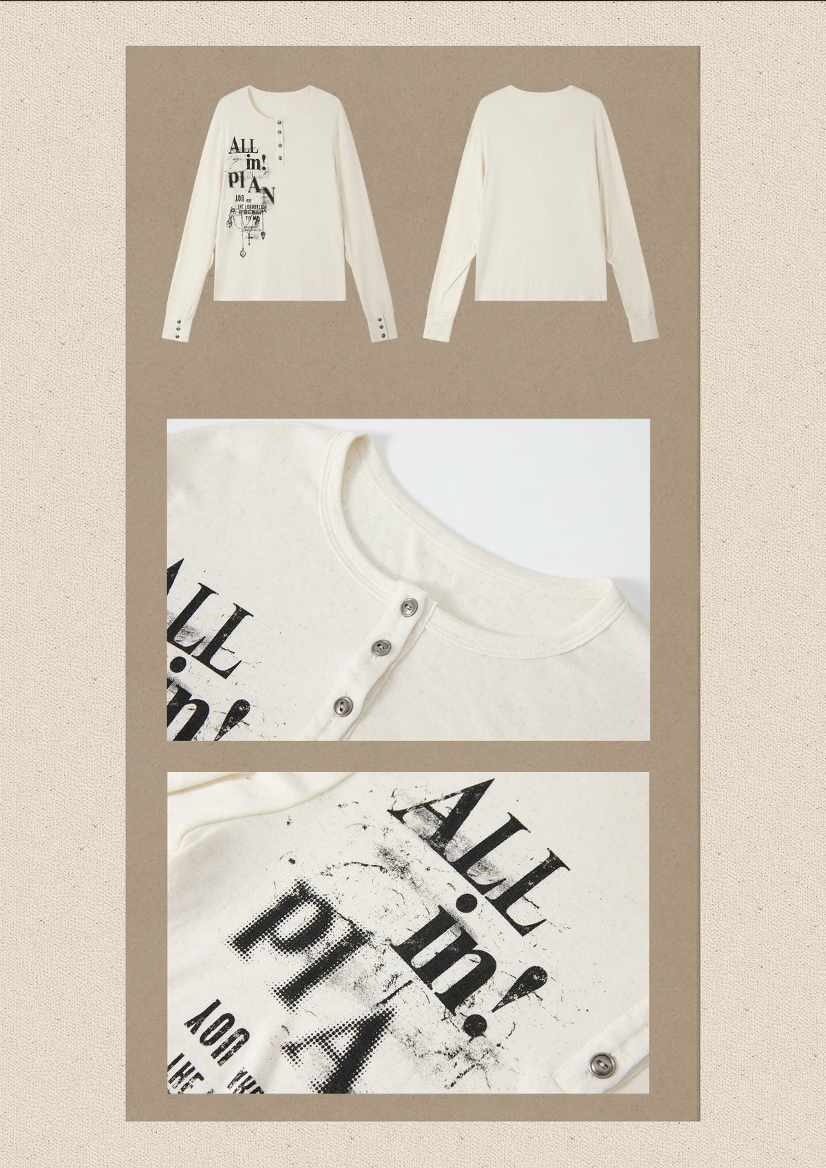 Beige Crew Neck Printed Long-Sleeve T-Shirt【s0000019045】