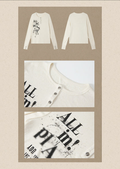 Beige Crew Neck Printed Long-Sleeve T-Shirt【s0000019045】