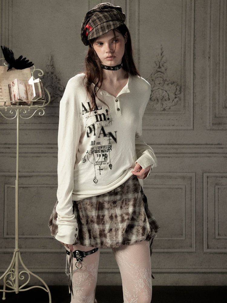Beige Crew Neck Printed Long-Sleeve T-Shirt【s0000019045】
