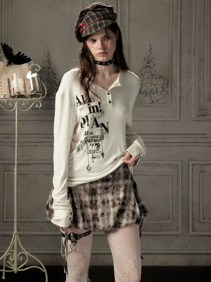 Beige Crew Neck Printed Long-Sleeve T-Shirt【s0000019045】