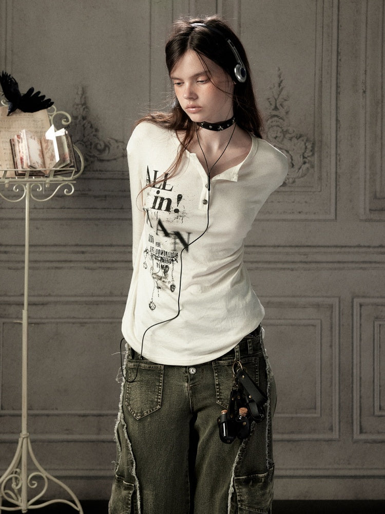 Beige Crew Neck Printed Long-Sleeve T-Shirt【s0000019045】