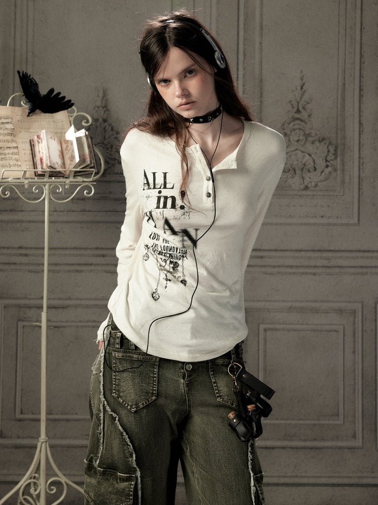 Beige Crew Neck Printed Long-Sleeve T-Shirt【s0000019045】