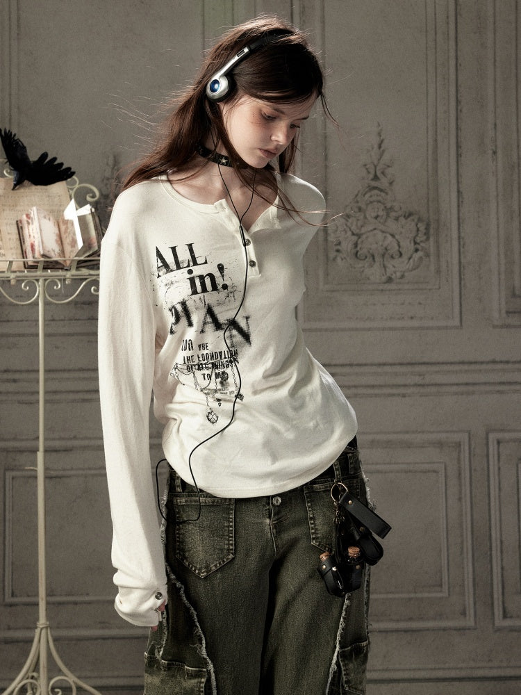 Beige Crew Neck Printed Long-Sleeve T-Shirt【s0000019045】