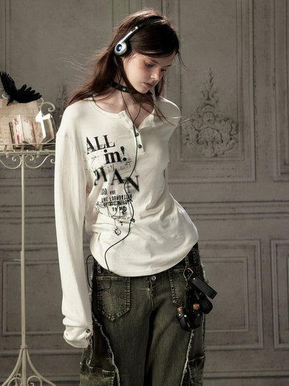 Beige Crew Neck Printed Long-Sleeve T-Shirt【s0000019045】