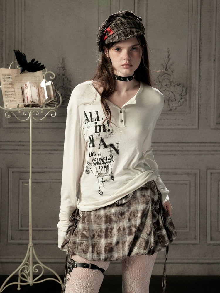 Beige Crew Neck Printed Long-Sleeve T-Shirt【s0000019045】