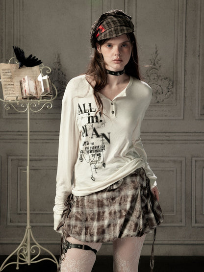 Beige Crew Neck Printed Long-Sleeve T-Shirt【s0000019045】