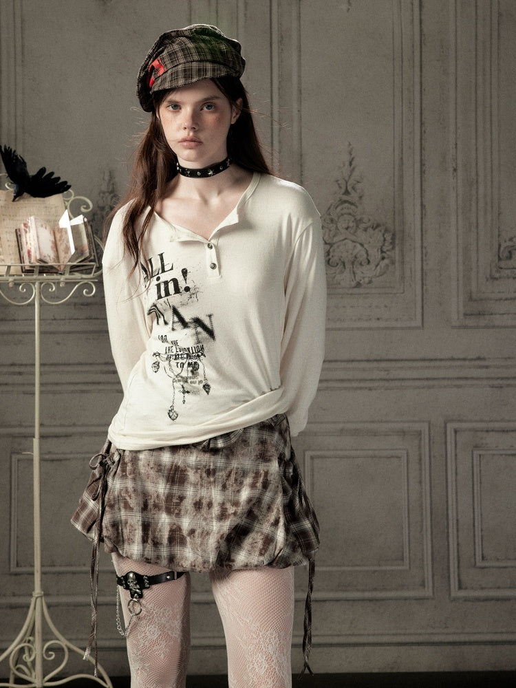 Beige Crew Neck Printed Long-Sleeve T-Shirt【s0000019045】
