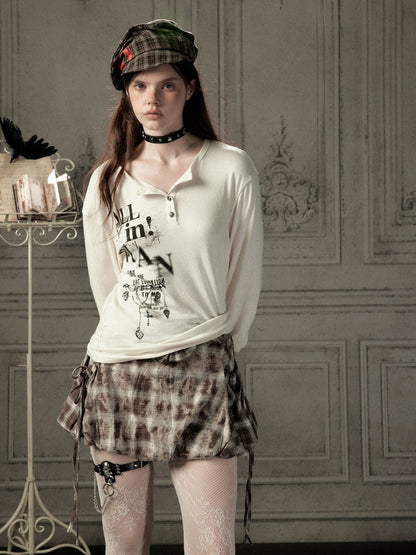Beige Crew Neck Printed Long-Sleeve T-Shirt【s0000019045】