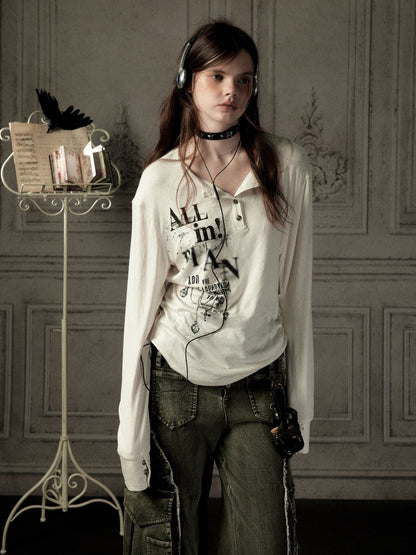 Beige Crew Neck Printed Long-Sleeve T-Shirt【s0000019045】
