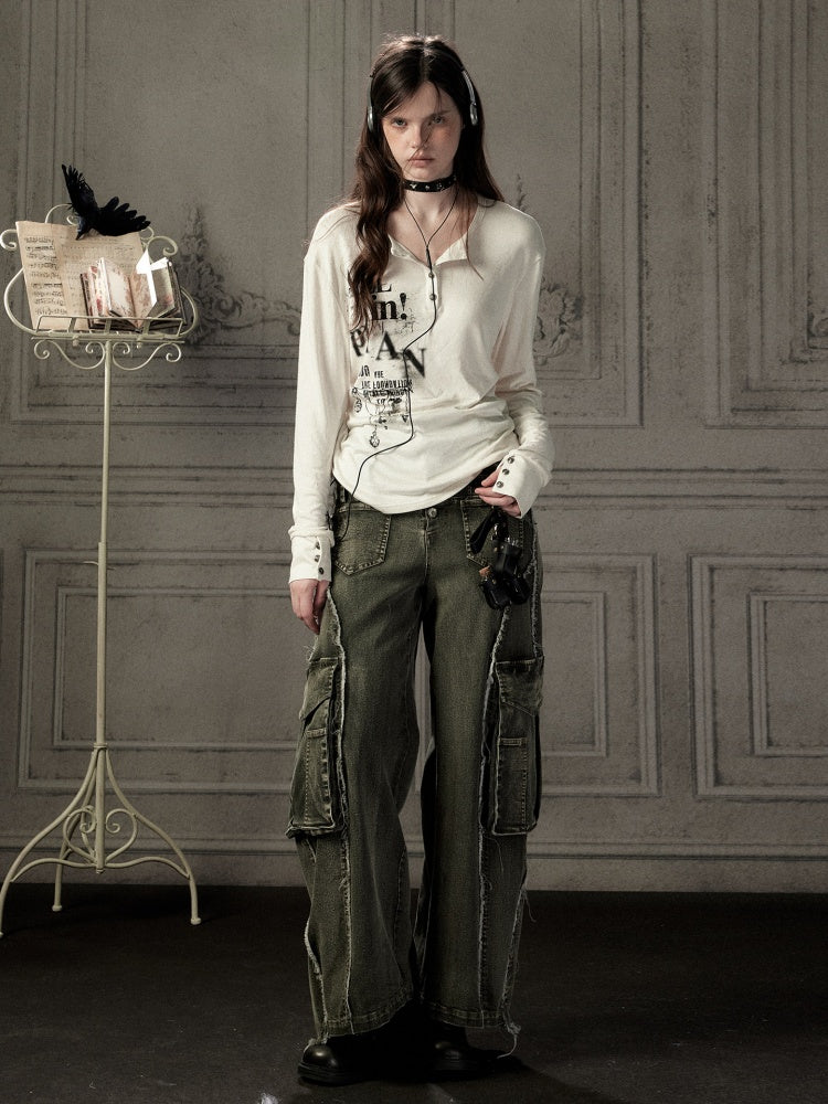 Beige Crew Neck Printed Long-Sleeve T-Shirt【s0000019045】