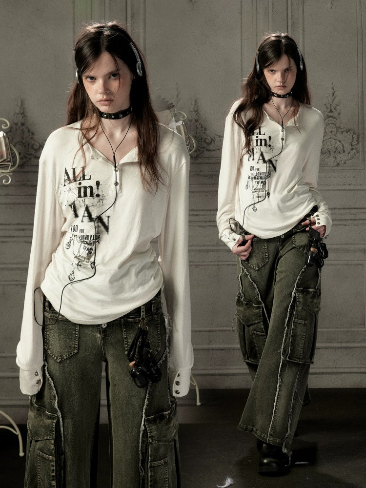 Beige Crew Neck Printed Long-Sleeve T-Shirt【s0000019045】