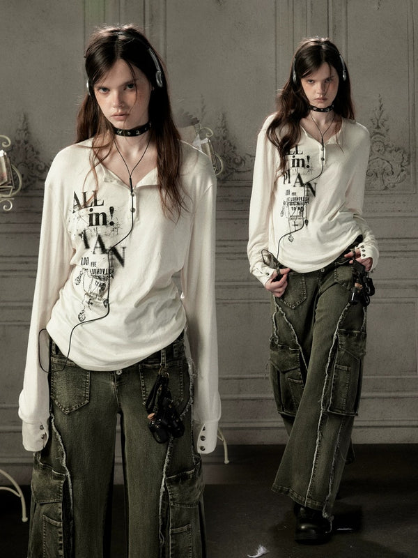 Beige Crew Neck Printed Long-Sleeve T-Shirt【s0000019045】