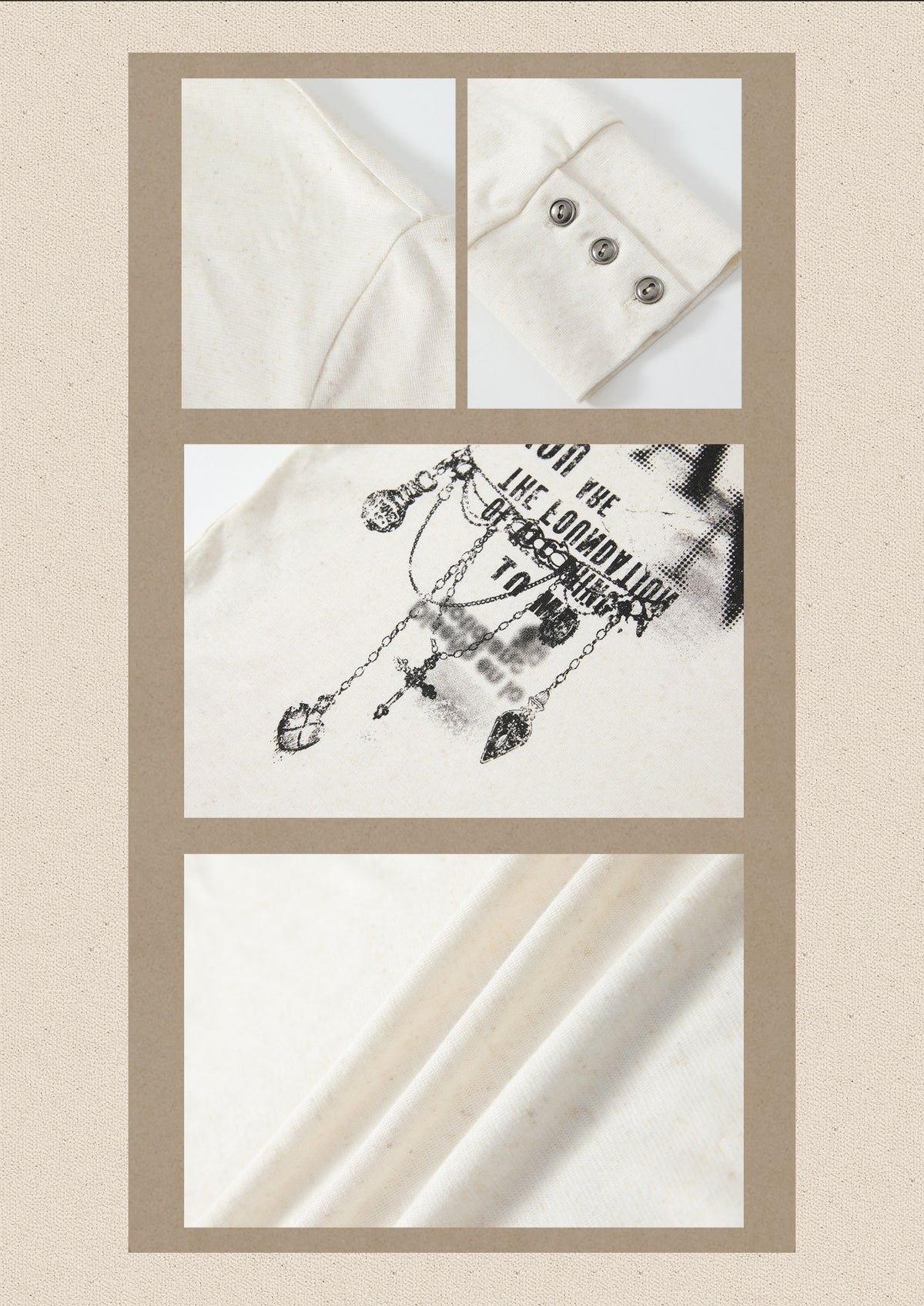 Beige Crew Neck Printed Long-Sleeve T-Shirt【s0000019045】