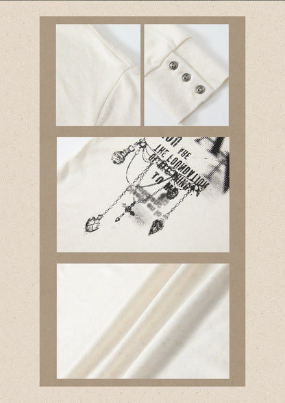 Beige Crew Neck Printed Long-Sleeve T-Shirt【s0000019045】