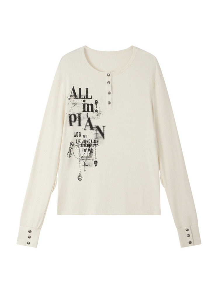 Beige Crew Neck Printed Long-Sleeve T-Shirt【s0000019045】
