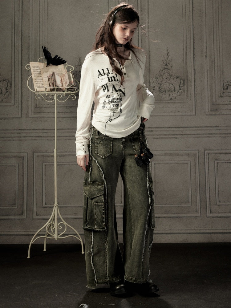 Beige Crew Neck Printed Long-Sleeve T-Shirt【s0000019045】