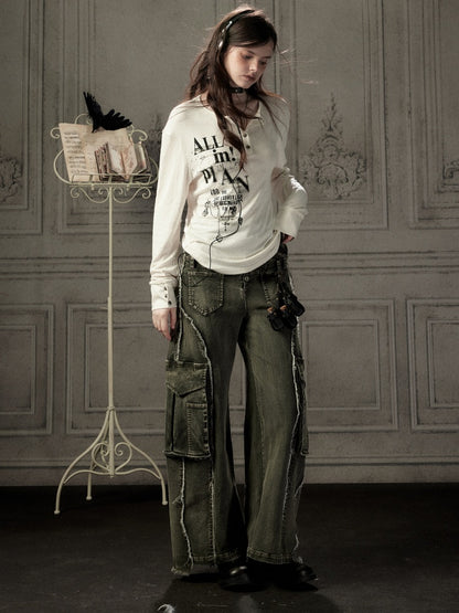 Beige Crew Neck Printed Long-Sleeve T-Shirt【s0000019045】